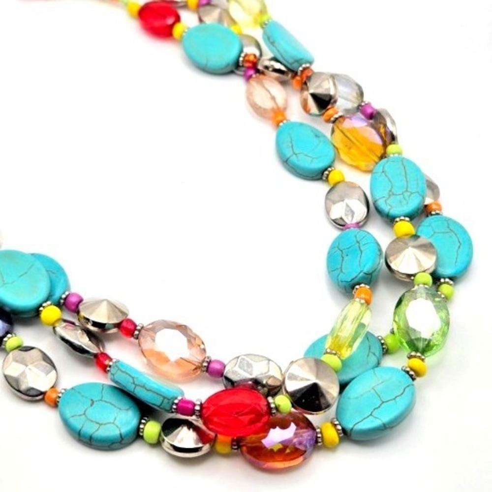 Bright and Colorful 3-Strand Glass and Stone Beaded Necklace Silver Tone Accents